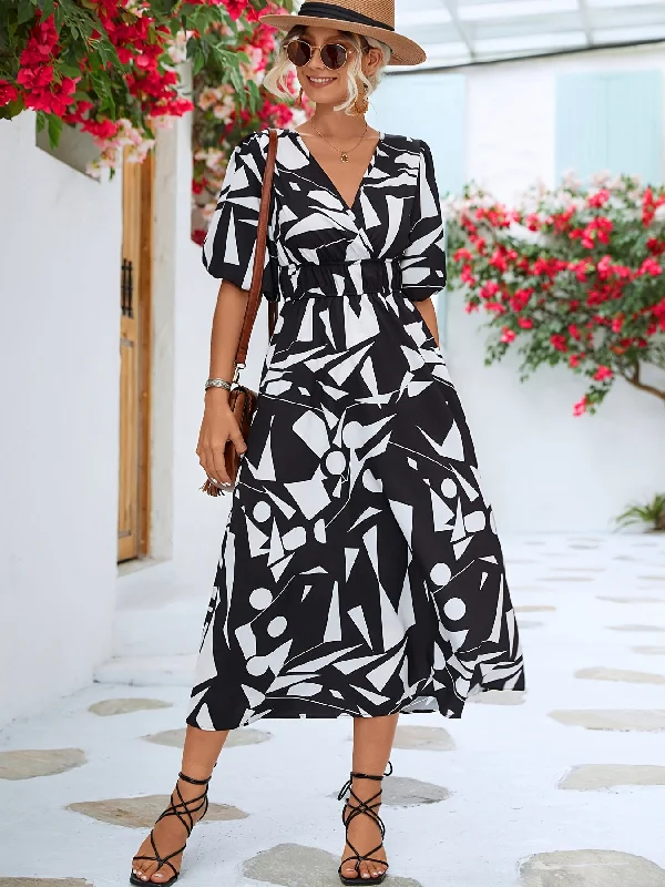 Instant Discount Geometric Print Puff Sleeve Dress, V Neck Short Sleeve Dress, Casual Every Day Dress, Women's Clothi AE109
