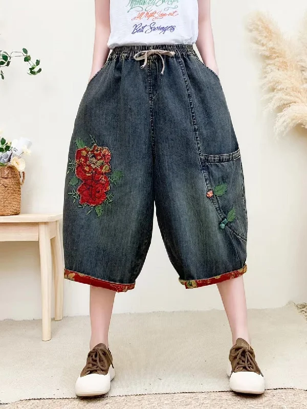 Super Sale Women Summer Vintage Flower Embroidery Denim Pants QW1024
