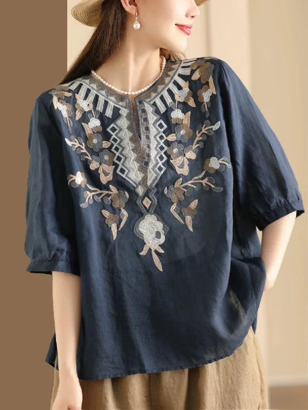 Special Savings Women Summer Ethnic Flower Embroidery Ramie Shirt TY1006