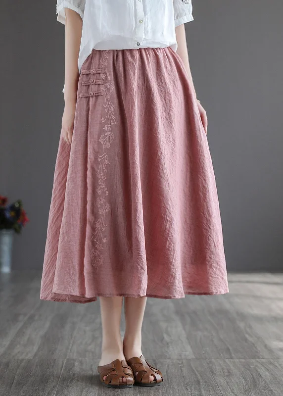 Savings Galore Women Pink Embroideried Chinese Button Linen Skirts Spring TG1022