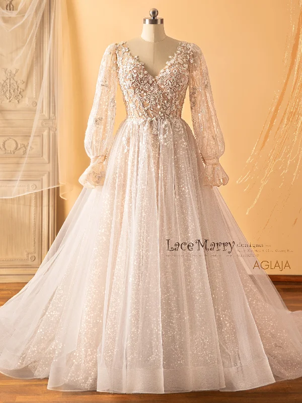 Overstock AGLAJA / Long Puff Sleeves Wedding Dress with Glitter Skirt