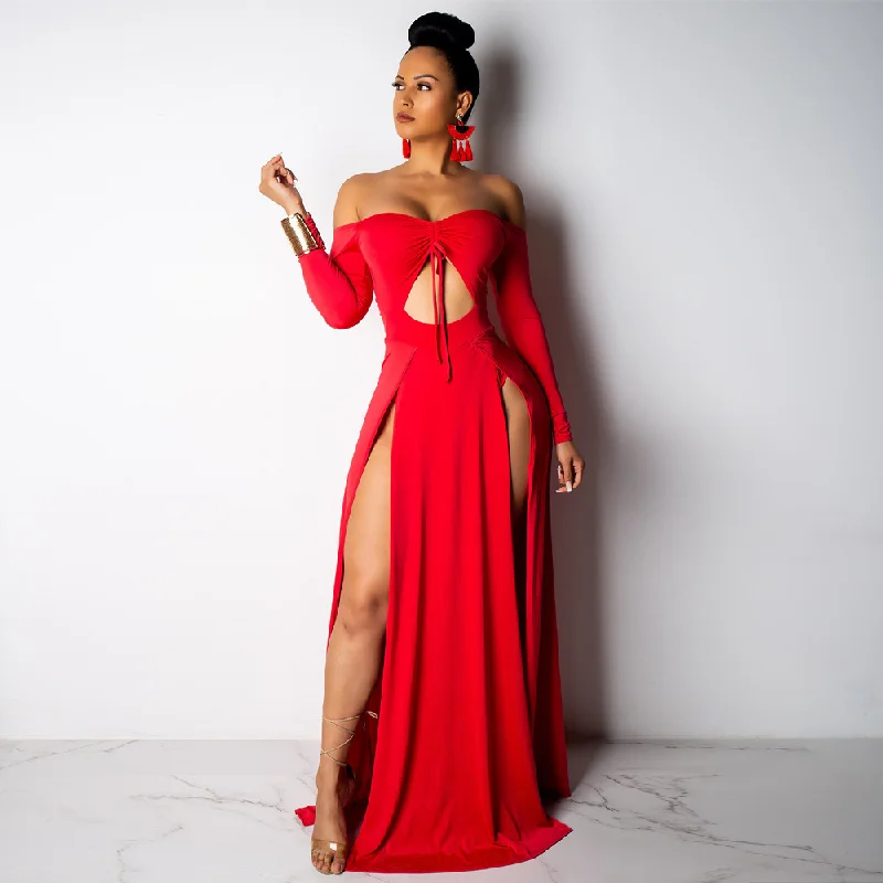 Super Deal Women's Spring/Summer Long-Sleeved Off-Shoulder Long Dress