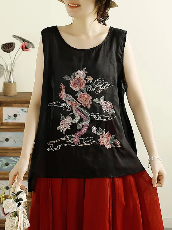 Loyalty Reward Women Vintage Flower Embroidery Ramie Summer Vest WE1022