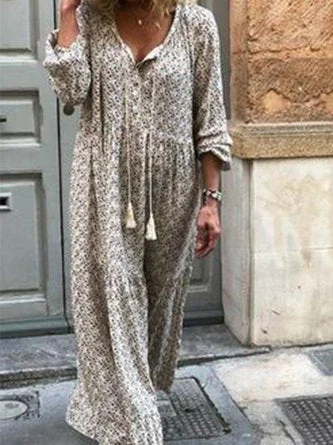 Take Advantage Women Shift Boho Floral Maxi Weaving Dress Long Sleeve V Neck Daily Weaving Dress MMr19