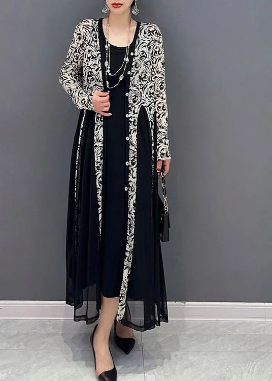 Act Now Black Patchwork Button Tulle Long Dresses Long Sleeve LC0363