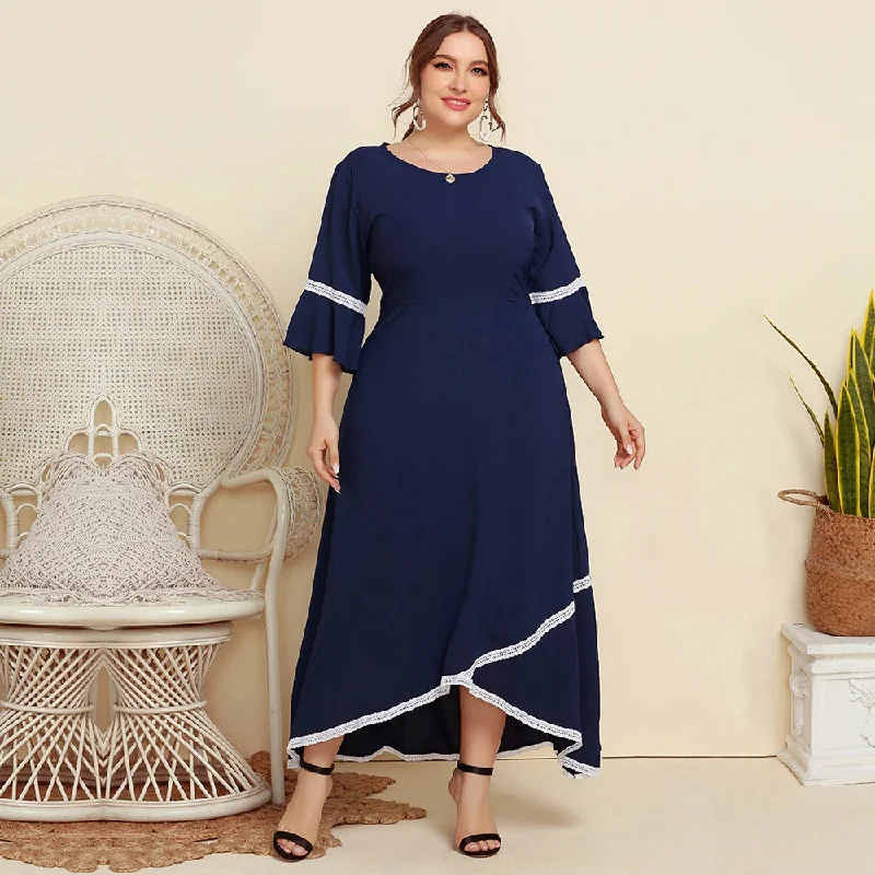 Now or Never Women Lace Splicing Round Neck Mid Sleeved Dress