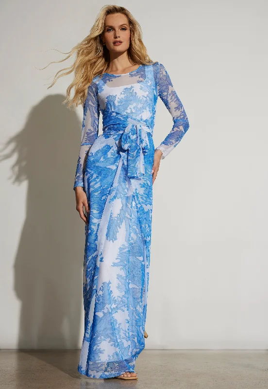 Bargain Blast Loren Sheer Mesh Wrap Dress in Blue Coral