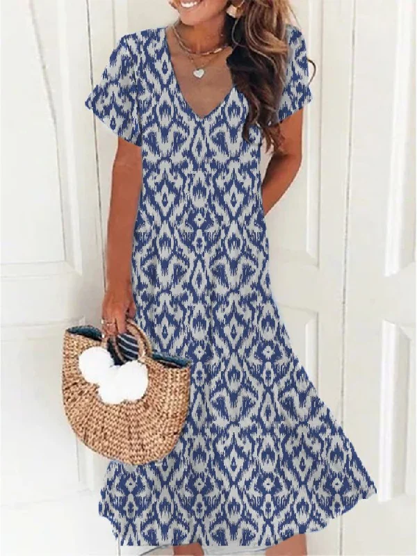 Exclusive Preview Casual V Neck Geometric Short Sleeve Loose Dress  QA54