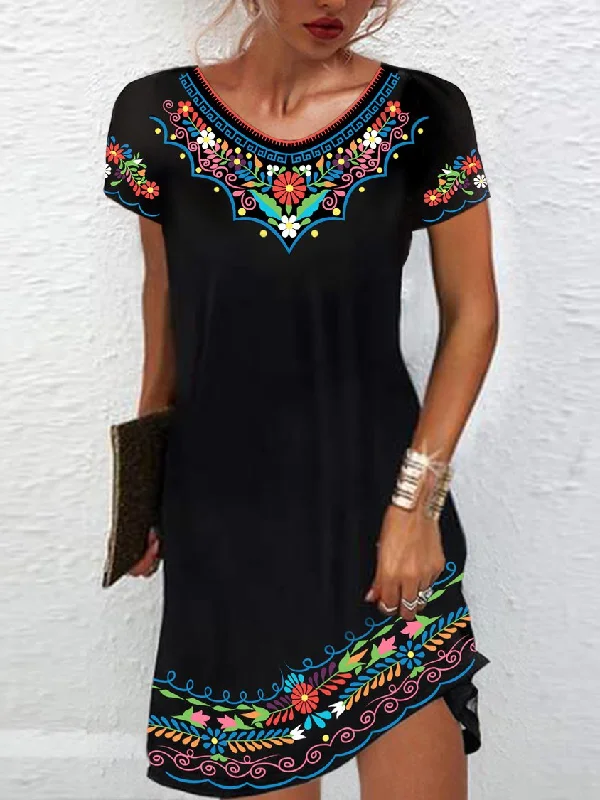 Customer Appreciation Sale Women's Vacation Regular Fit V Neck Floral Short Sleeve Knit Dress AT10023