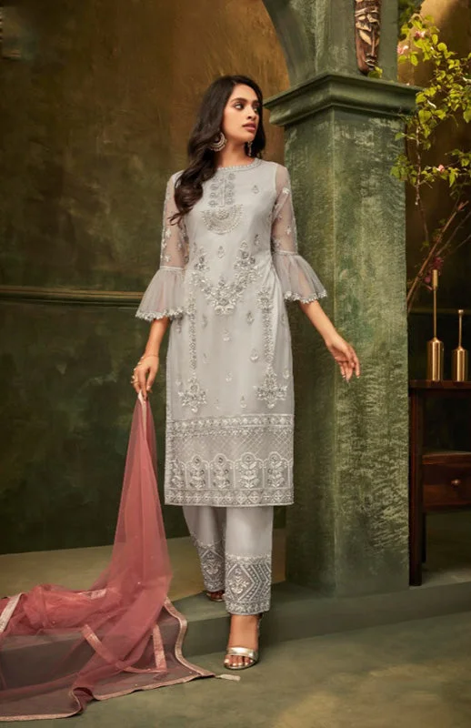 Early Bird Discount Sophisticated Silver Straight Kurti with Pallazo Pants - ZE2008