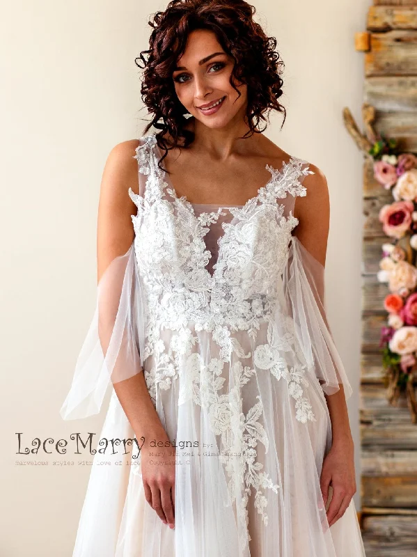 Special Discount Champagne Boho Wedding Dress with Floral Lace Applique