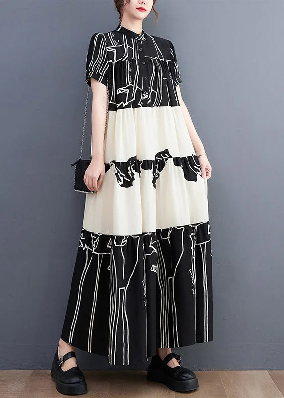 Can't Be Beat French Black Stand Collar Print Patchwork Long Dress Short Sleeve AC2066 Can't Be Beat French Black Stand Collar Print Patchwork Long Dress Short Sleeve AC2066