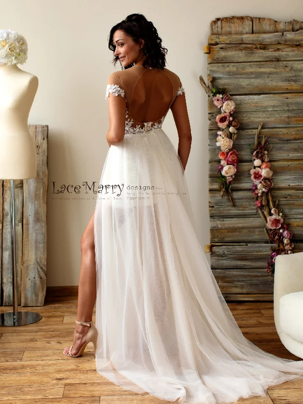 Huge Savings Boho Lace Wedding Dress with Illusion Off Shoulder Cap Sleeves