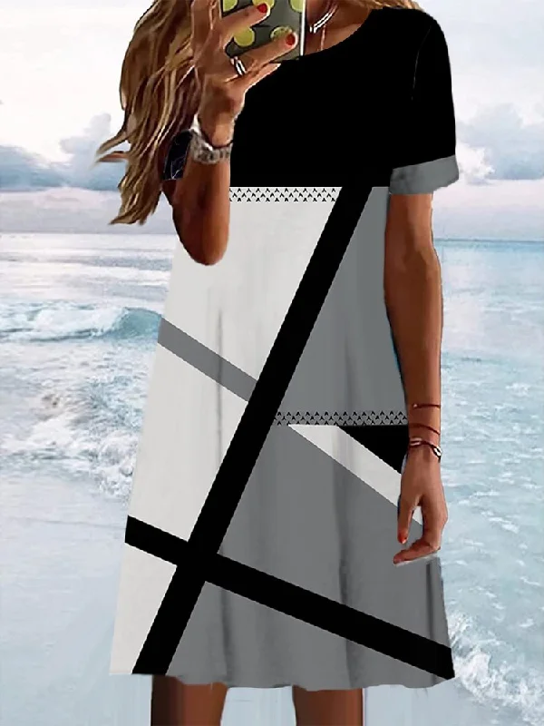 Quick Sale Color Block Casual Loose Crew Neck Dress  WE91
