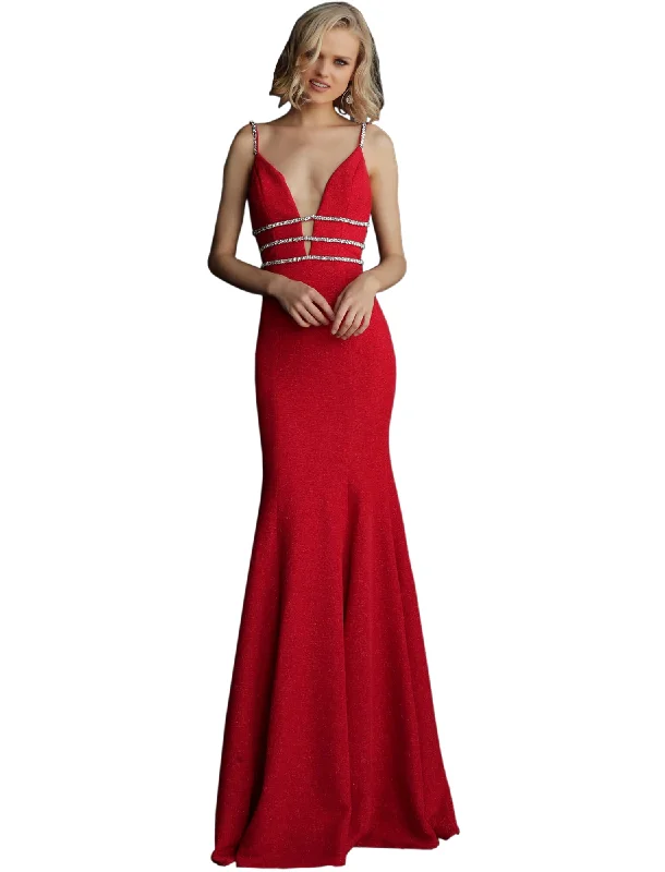 Great Deals Jovani Crimson Fitted Embellished Waist Spaghetti Straps Prom Dress