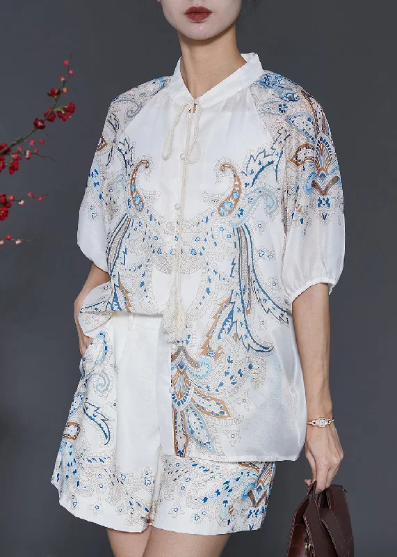 Price Drop Boutique White Tasseled Print Ice Silk Two Pieces Set Summer SD1044