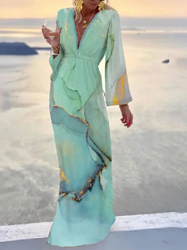 Super Sale Landscape Print Boho V Neck Long Sleeve Loosen A-line Dress  WE119