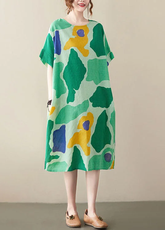Sale Event Women Green Oversized Print Cotton Vacation Dresses Summer AC2076
