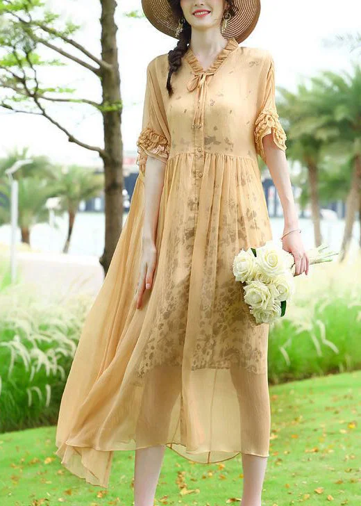 Quick Sale Modern Yellow Ruffled Patchwork Wrinkled Silk Vacation Dresses AC3046