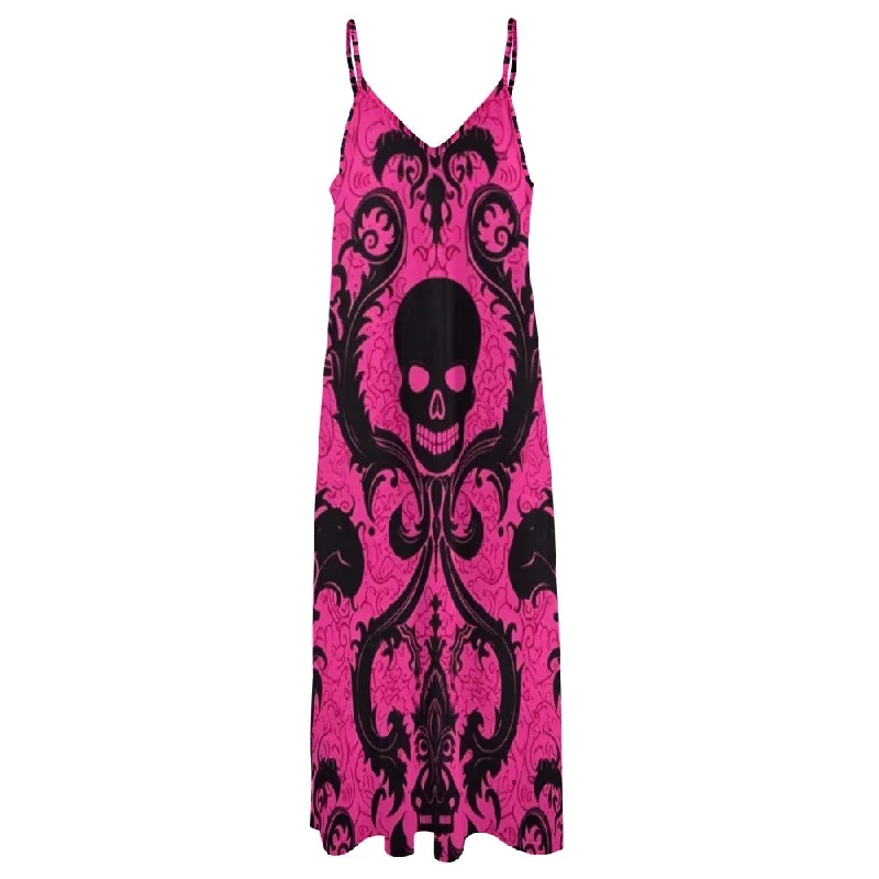 Exclusive Offers Skulls On Pink Sling Ankle Long Dress