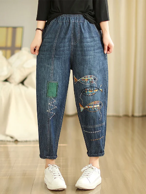 Price Cut Women Summer Casual Fish Embroidery Denim Harem Pants AS1043