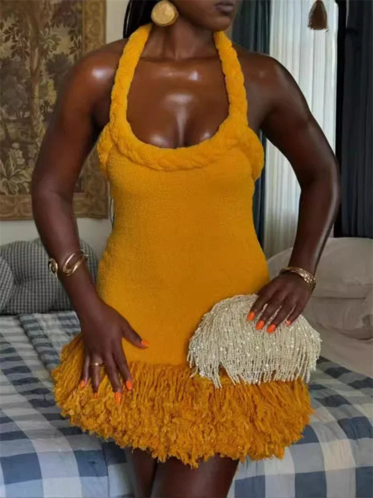 Low Prices Orange Braided Fluffy Trim Dress