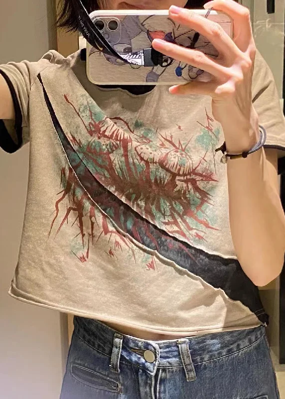 Price Drop Women Grey O Neck Print Patchwork Cotton T Shirts Summer OP1027