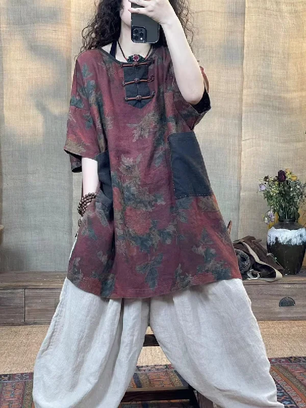 Last Chance Women Summer Vintage Flower Spliced Buckle Linen Shirt IO1013