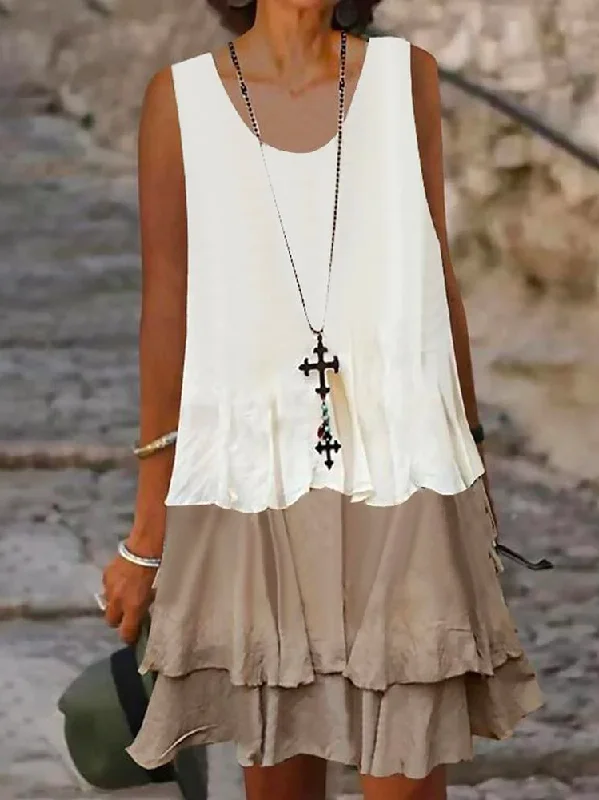Exclusive Access Linen Crew Neck Color Block Dress AA41