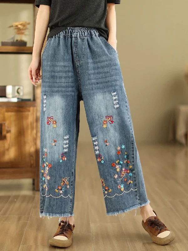 Now or Never Women Summer Retro Embroidery Frayed Straight Denim Pants AS1042