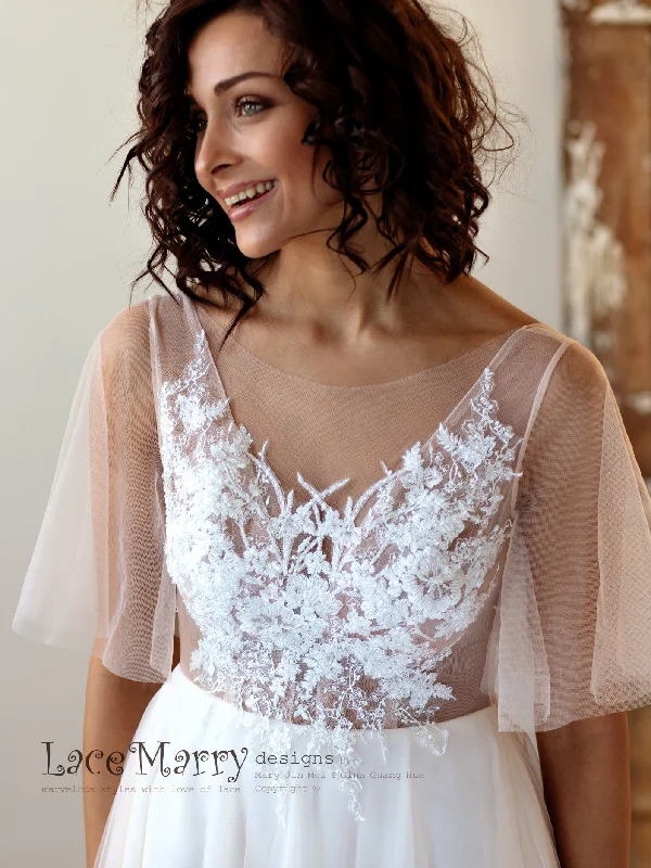 Seasonal Sale Bohemian Tulle Wedding Dress in Nude Color