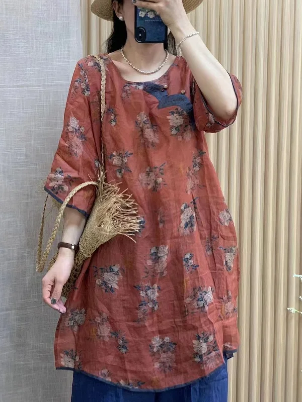 Low Prices Women Summer Vintage Floral Ramie Spliced O-Neck Shirt WE1010