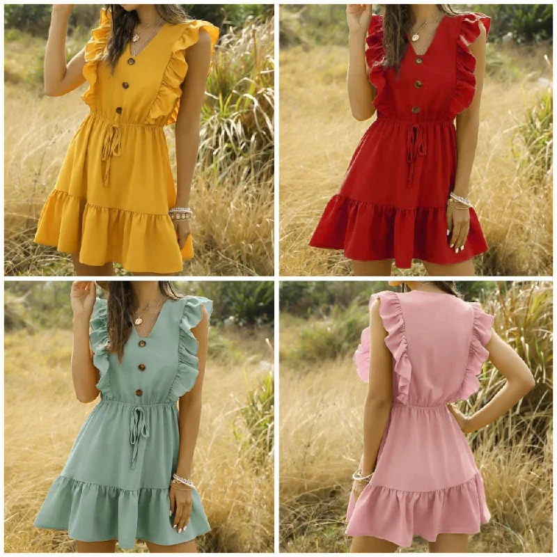 Super Sale High waist off shoulder V neck casual summer dress