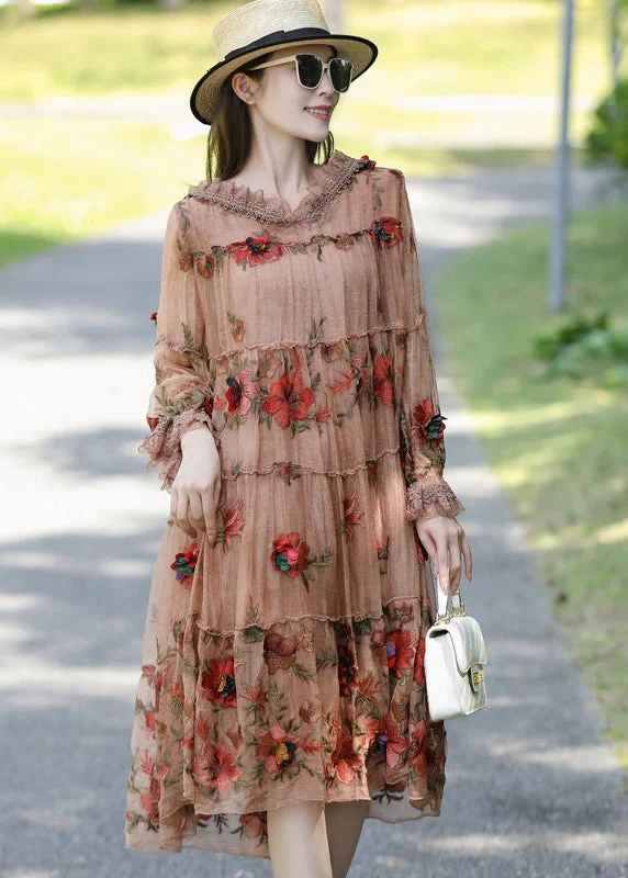 Exclusive Savings Loose Khaki Embroideried Patchwork Ruffled Silk Hooded Dress AC3038