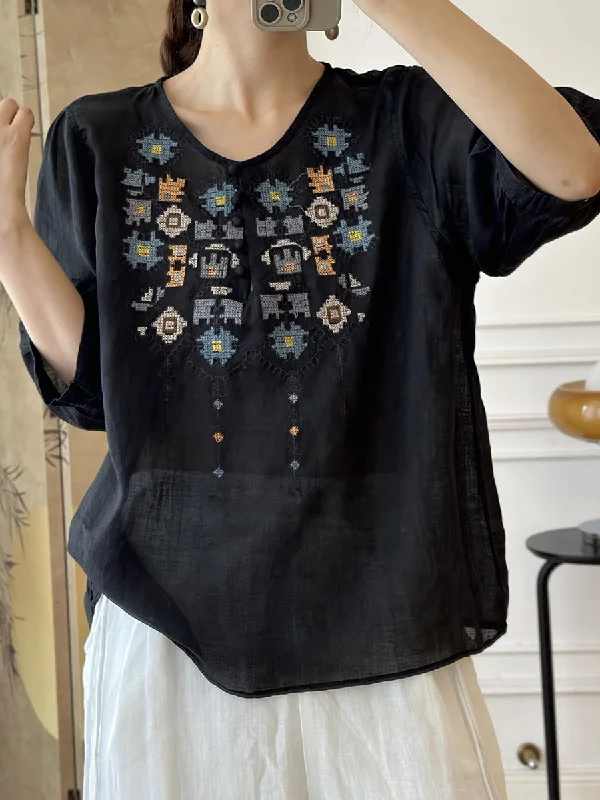 Super Deal Women Summer Ethnic Embroidery Ramie Shirt AS1047