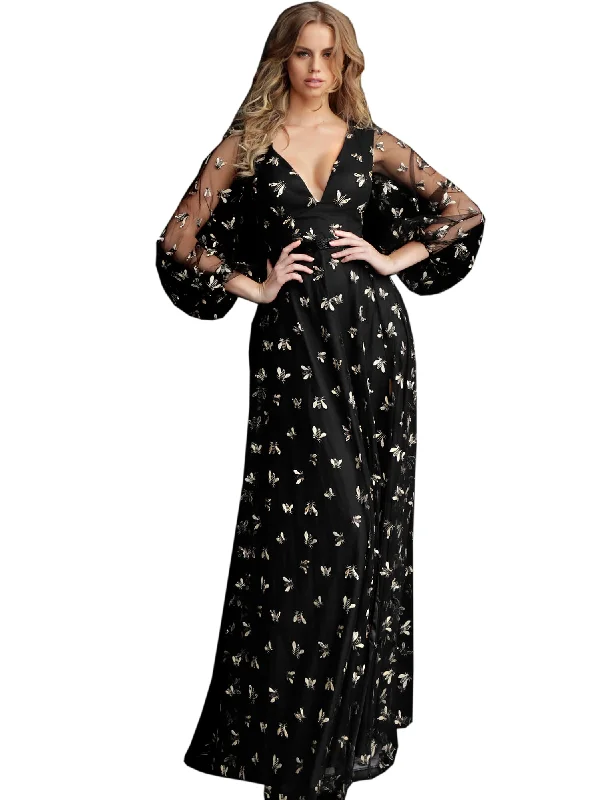 Daily Deals Jovani Black Gold Long Sleeve Embroidered Prom Dress