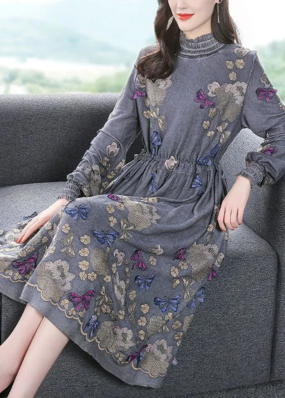 Stock Clearance Fine Grey High Neck Embroideried Butterfly Wool Cinched Dress AC3048