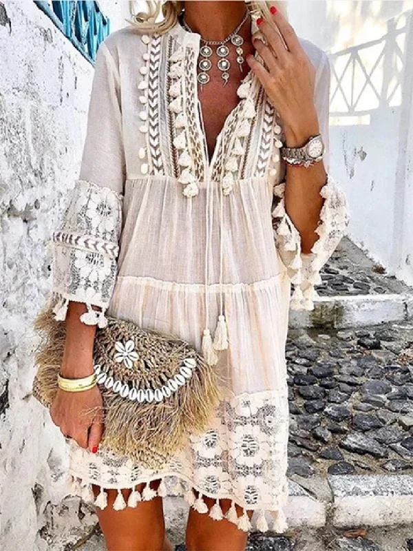 Inventory Reduction Women Summer 3/4 Sleeve V Neck Holiday Boho Dress MMy2