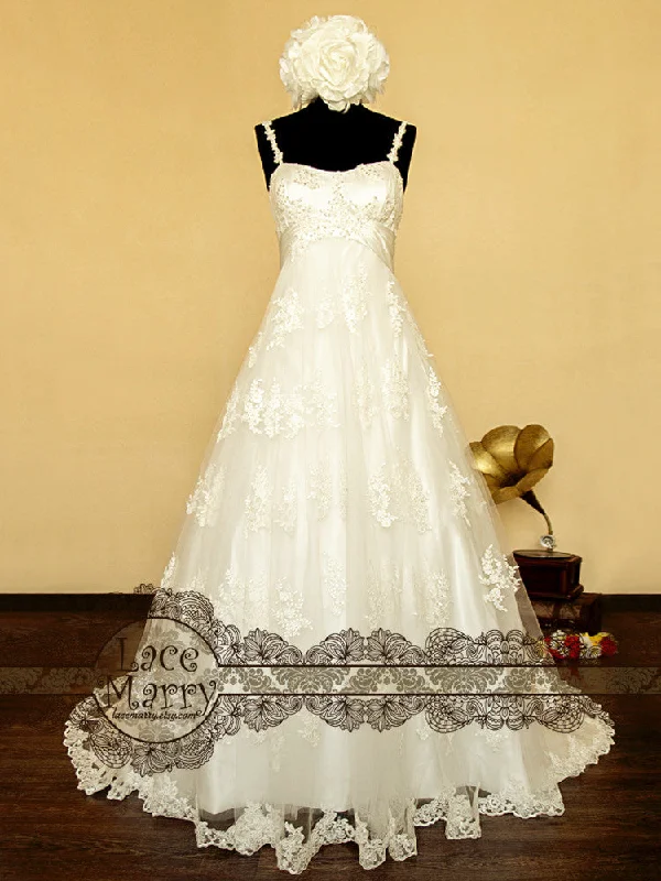 Discount Mania Delicate Flower Appliqué Lace Empire Waist Wedding Dress