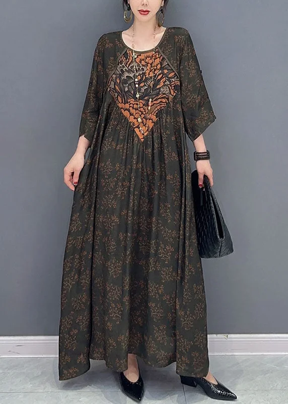 New Markdowns Black Print Patchwork Cotton Dresses O Neck Wrinkled Spring LC0348