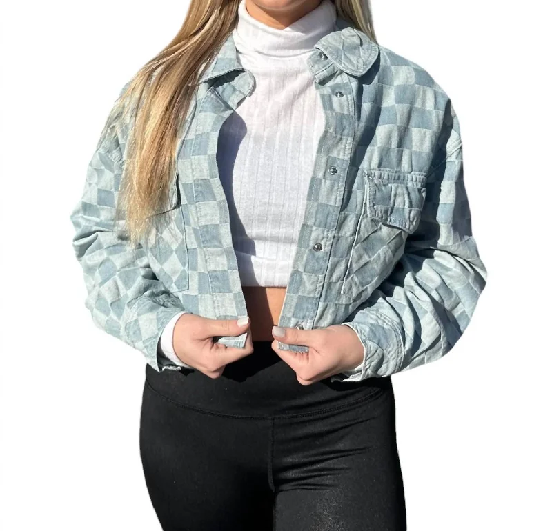 Lowest Price Checkerboard Print Cropped Denim Jacket