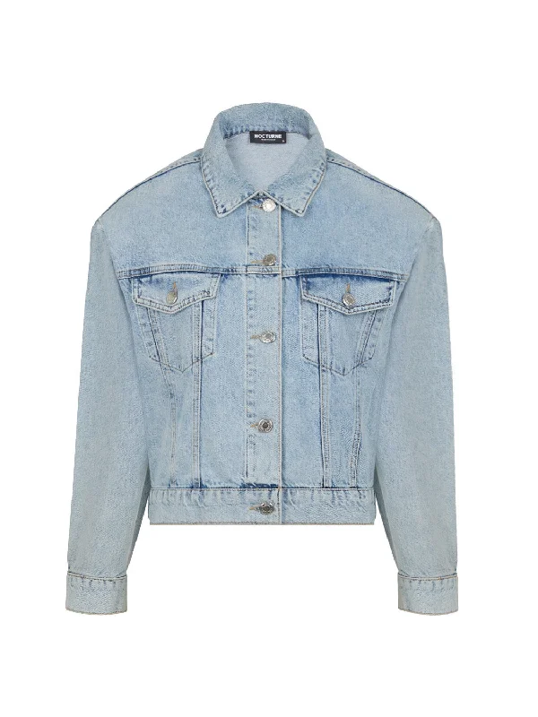 Anniversary Sale Cropped Denim Jacket with Shoulder Pads