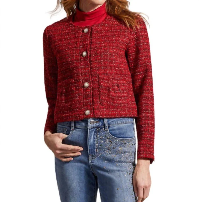 Online Only Cropped Tweed Jacket In Red Tweed