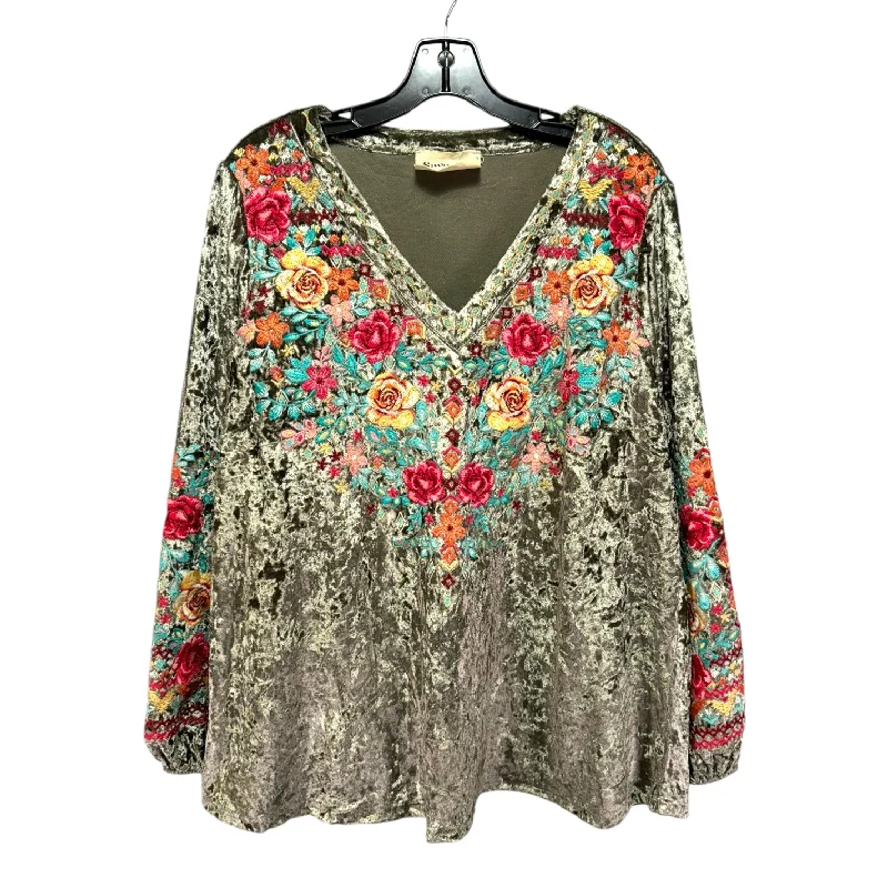 Exclusive Preview Tabby Velvet Embroidered Top in Olive By Savanna Jane In Green, Size: 1X