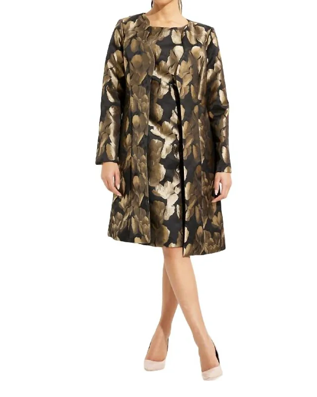 Extra Savings Foil Leaf Open Front Coat In Black,gold Floral