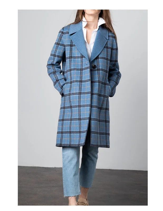 Plaid Notch Collar Coat In Blue Multi