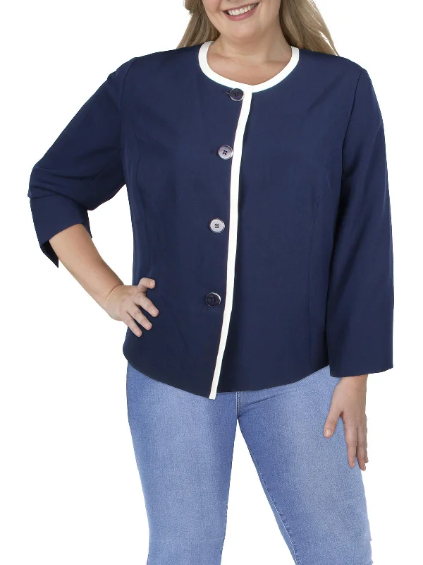 Overstock Sale Plus Womens Knit Contrast Trim Collarless Blazer