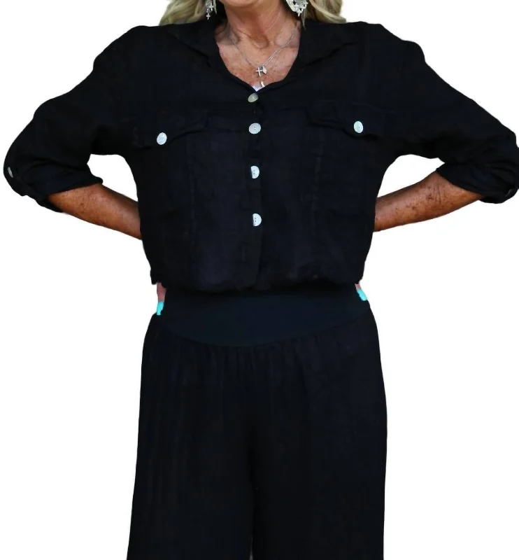 Steals and Deals Raw Edge Cropped Linen Jacket In Black