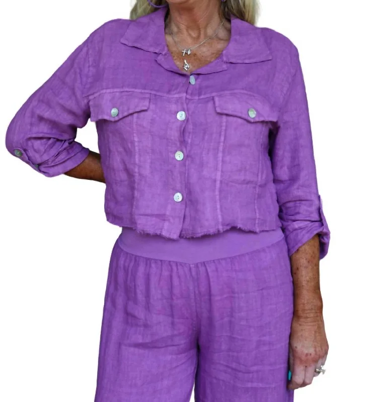 Epic Deals Raw Edge Cropped Linen Jacket In Orchid
