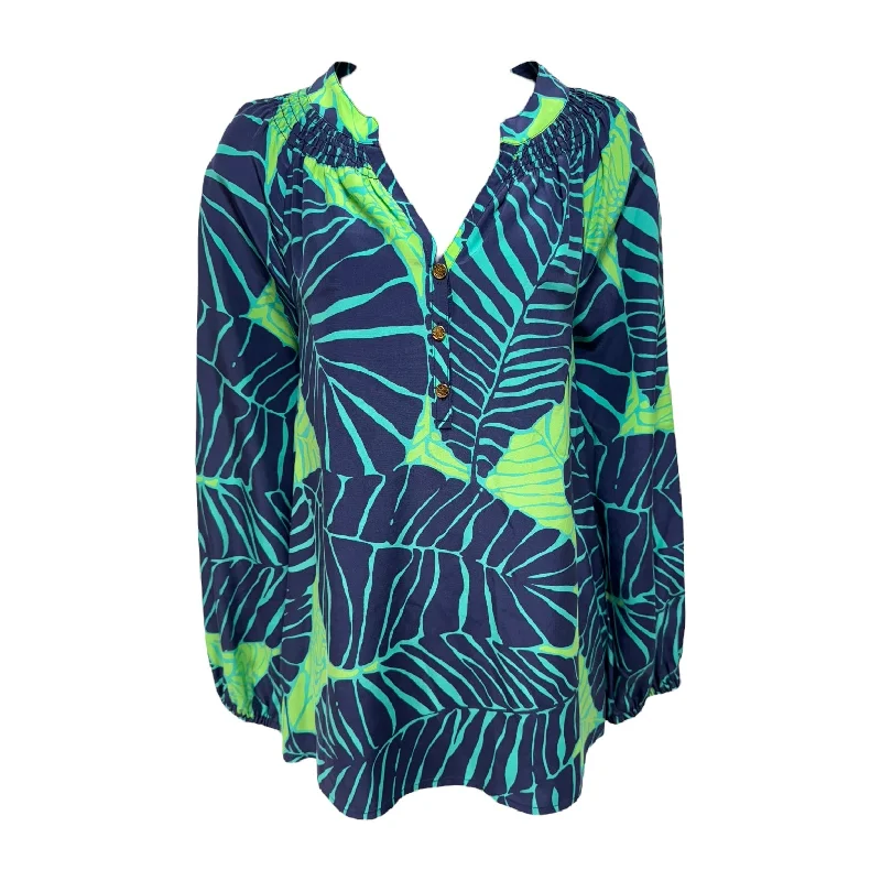 Silk Top Long Sleeve Designer By Lilly Pulitzer In Blue & Green, Size: S